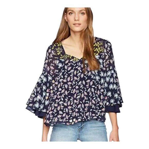 Nanette Lepore Spring Bloom Bell Sleeve Floral Chiffon V-neck Blouse Women's S - Picture 1 of 9